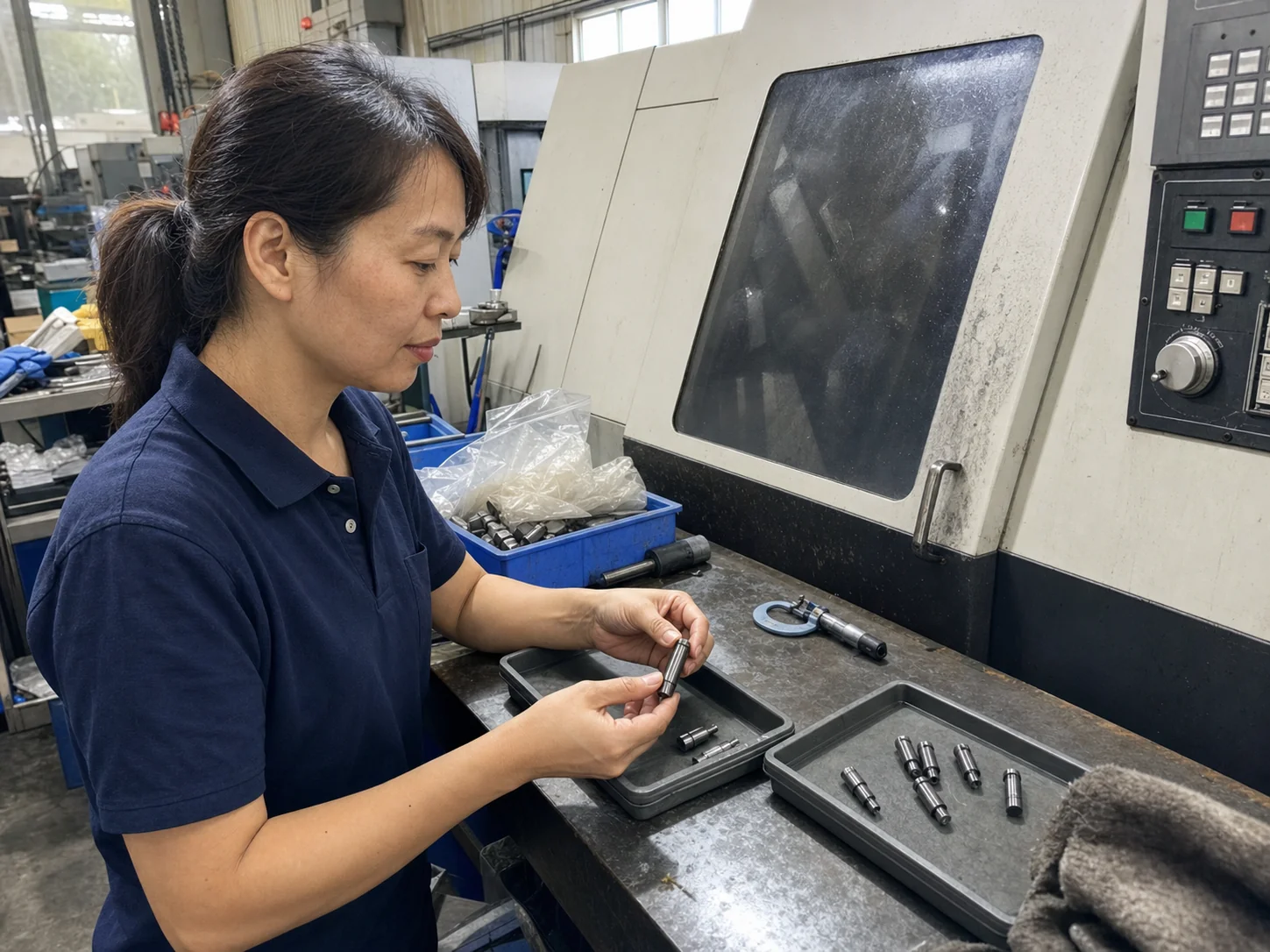 Operator separates 52100 steel locating pin samples beside a closed CNC lathe