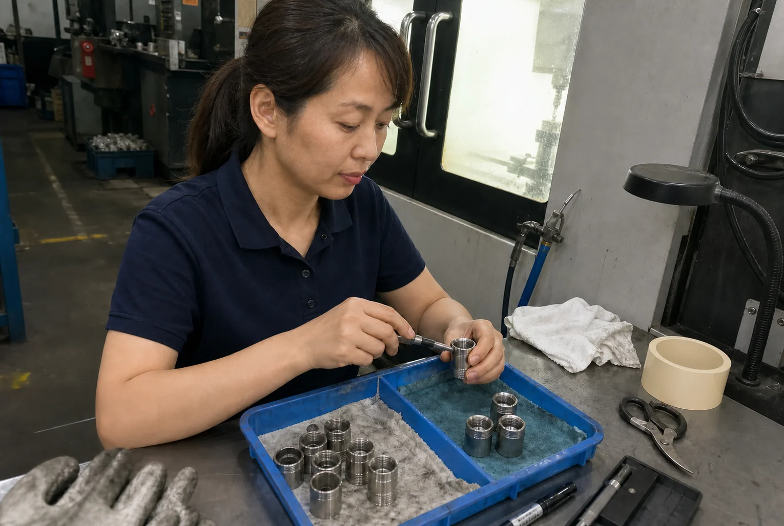 Technician separates cleaned 304 stainless sensor housings during first article inspection