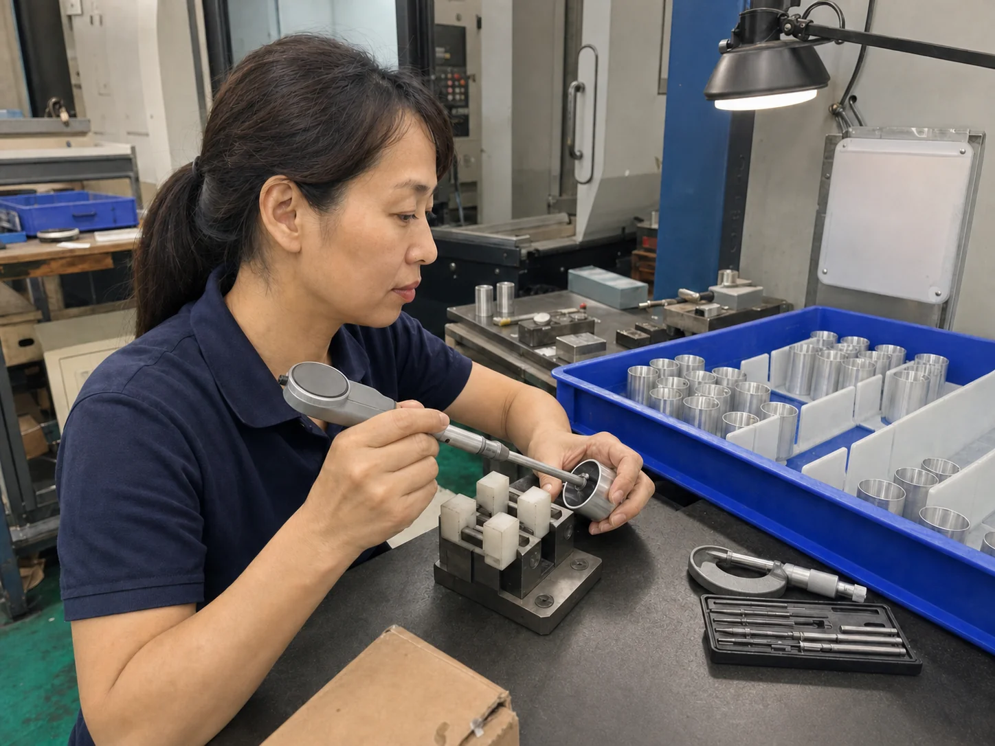 Inspector rechecks a 7075 aluminum thin-wall sleeve beside separated production samples