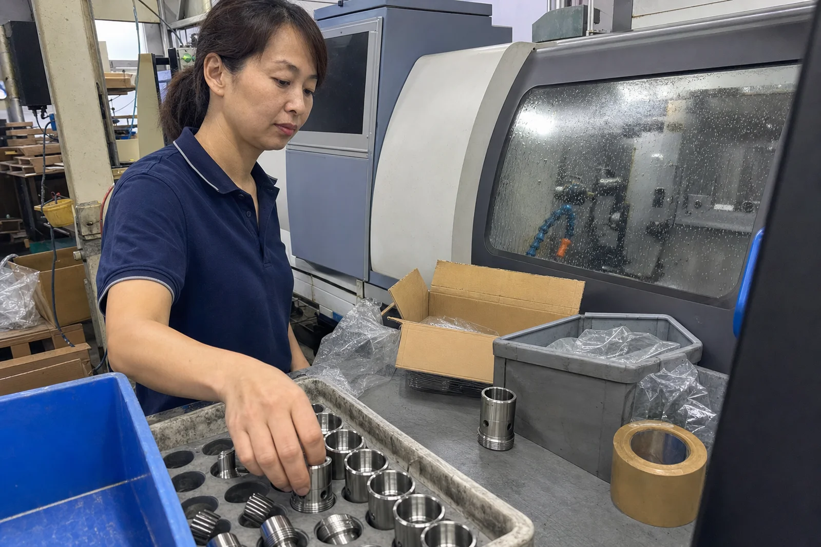 Technician checks a stainless sensor housing beside a closed Swiss turning machine and separated work-in-process tray