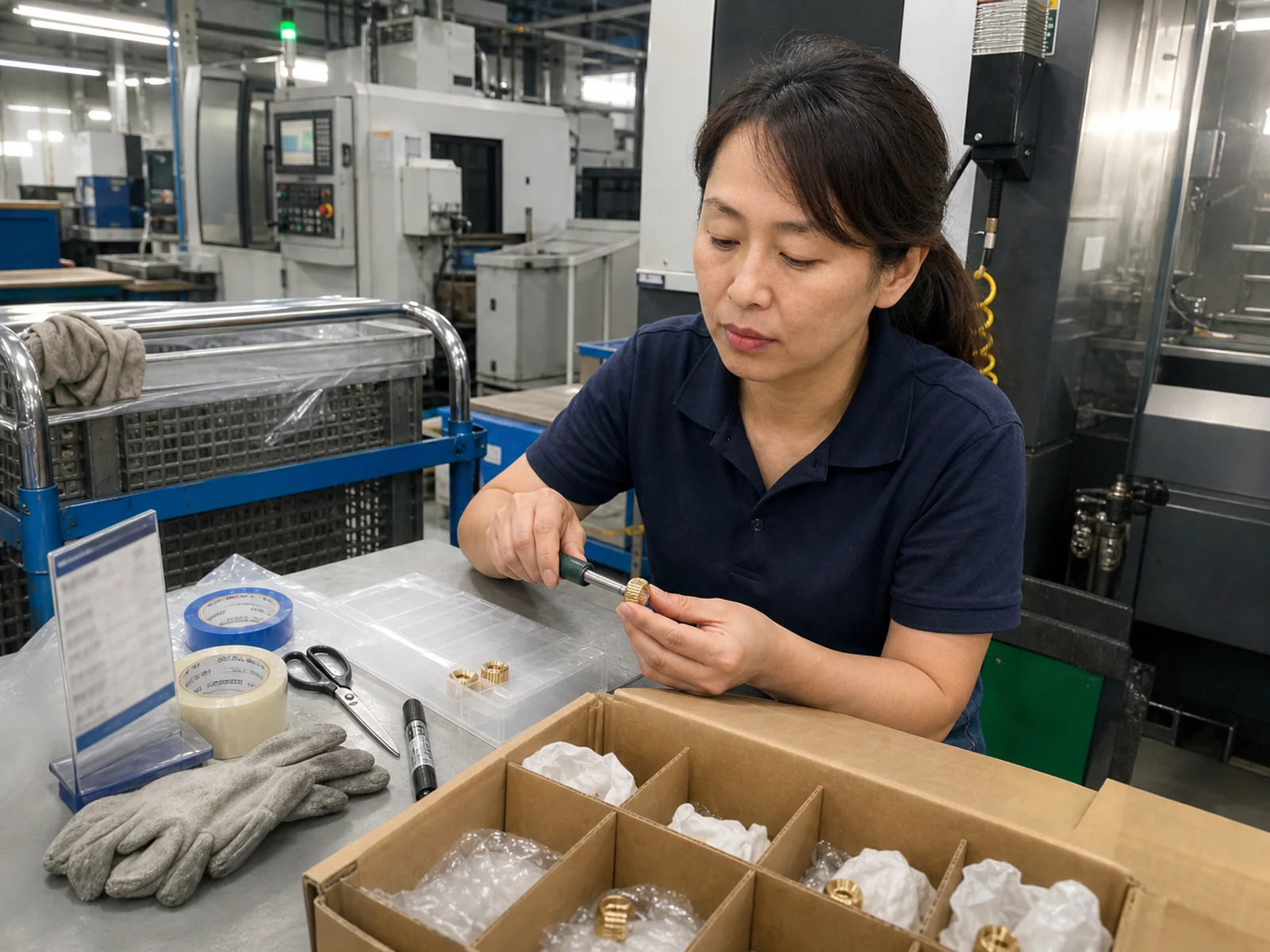 Quality inspector places knurled brass inserts in a divided box beside a thread gauge and plastic trial part