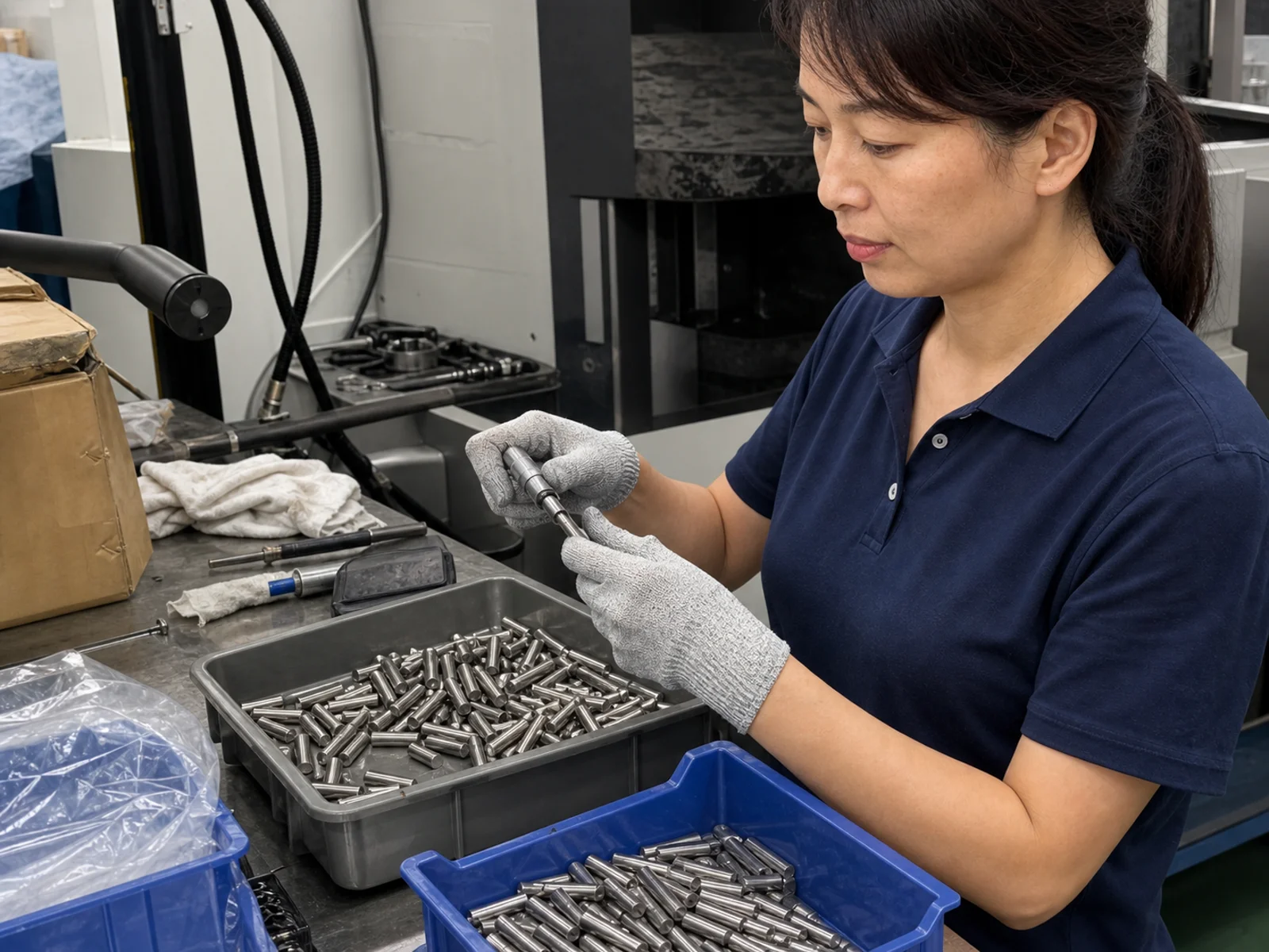 Operator separates checked 4140 turned pins beside a micrometer and deburring tray