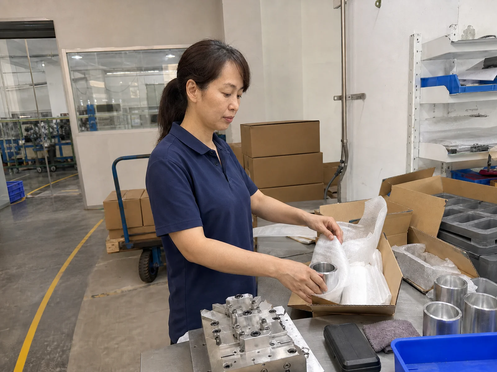 Operator checks a thin-wall aluminum sleeve at a soft-jaw fixture beside separated shipping totes