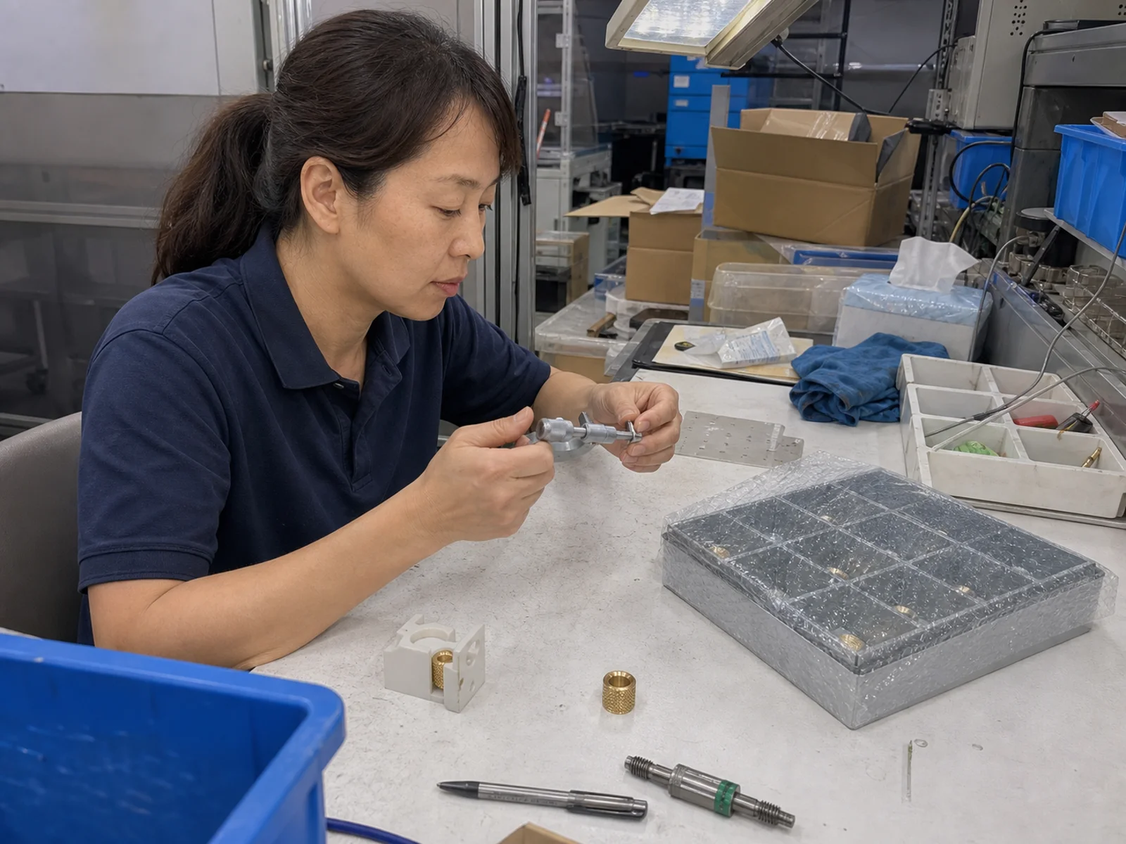 Quality inspector checks separated knurled brass inserts beside a tray and a sectioned plastic boss