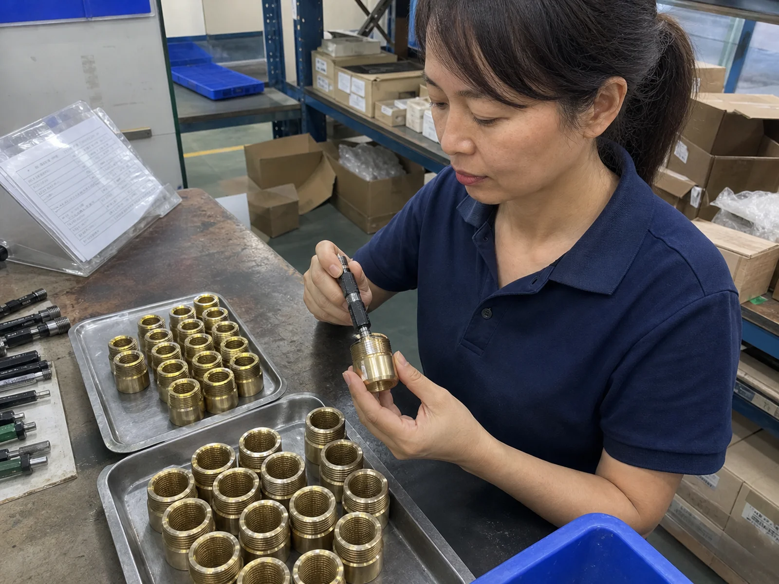 Quality inspector checks a C377 brass threaded sleeve with a thread gauge beside separated first-piece trays