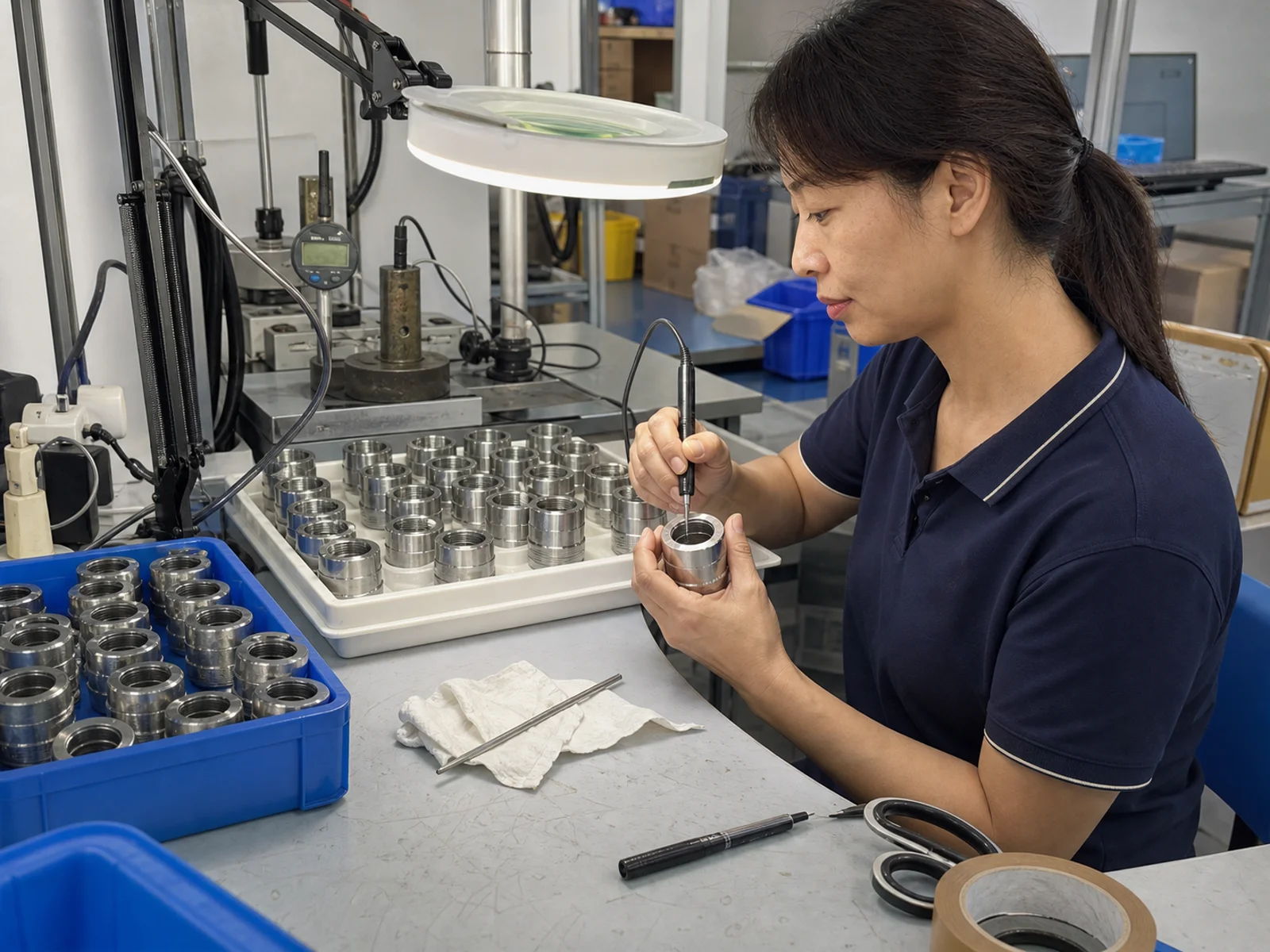 Quality inspector separates cleaned and uncleaned stainless sensor housings beside a task light and cleaning tools