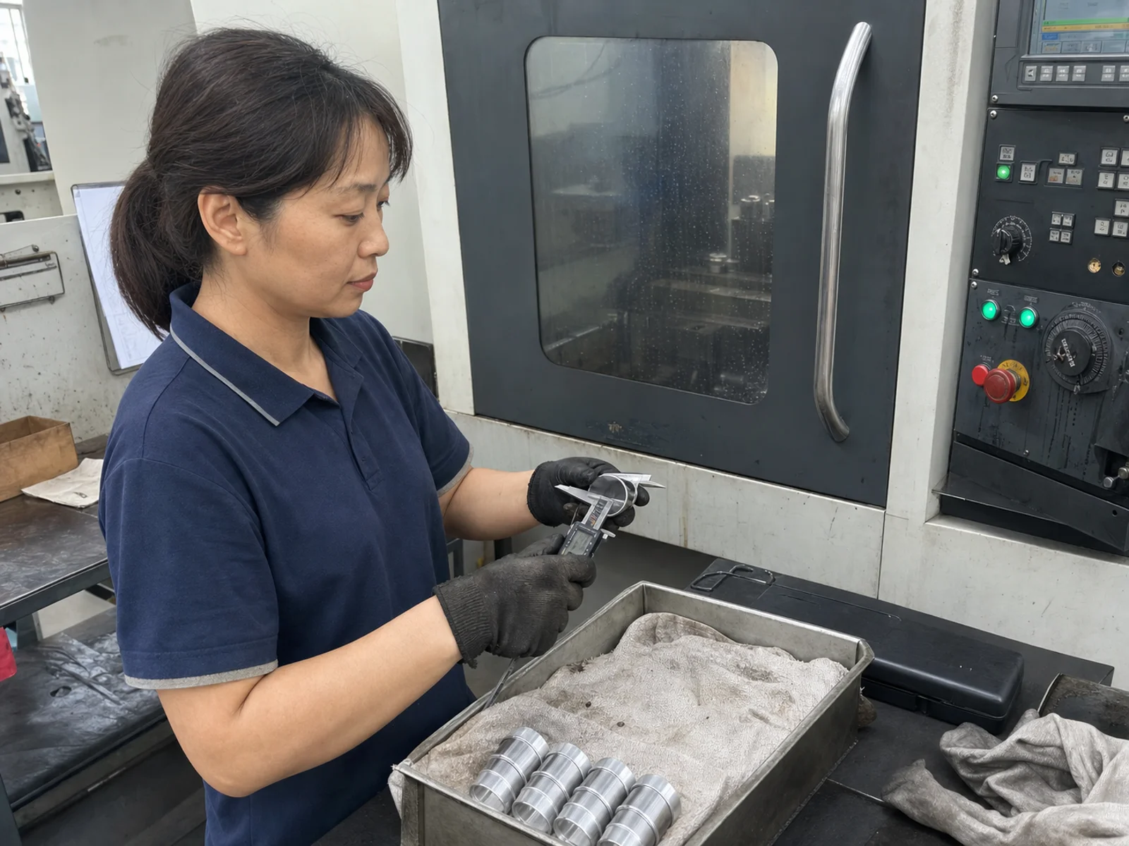 Technician checks an aluminum thin-wall sleeve beside a closed CNC lathe and separated sample tray