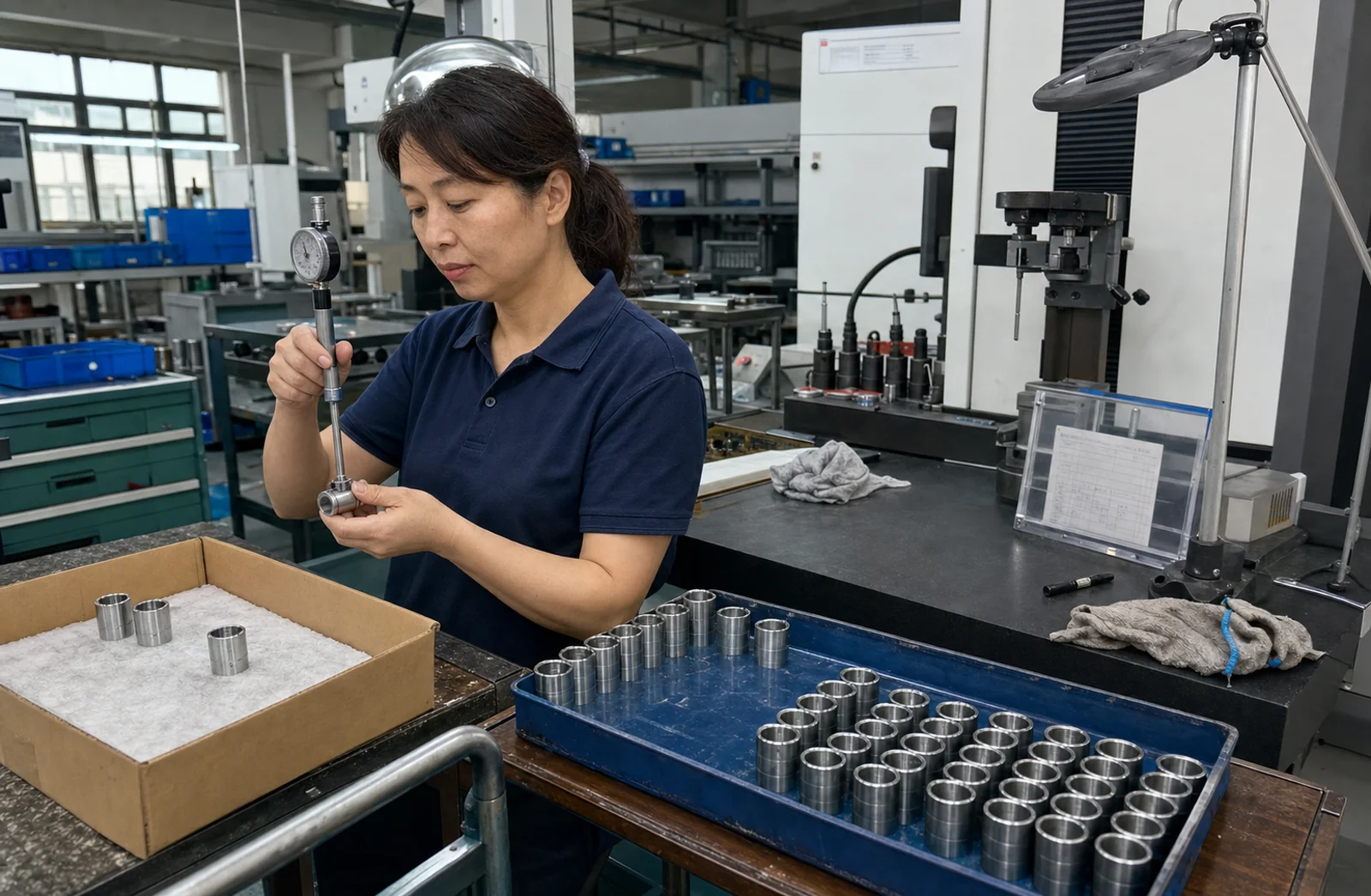 Technician rechecks a stainless precision bushing bore with a gauge beside separated first-piece trays